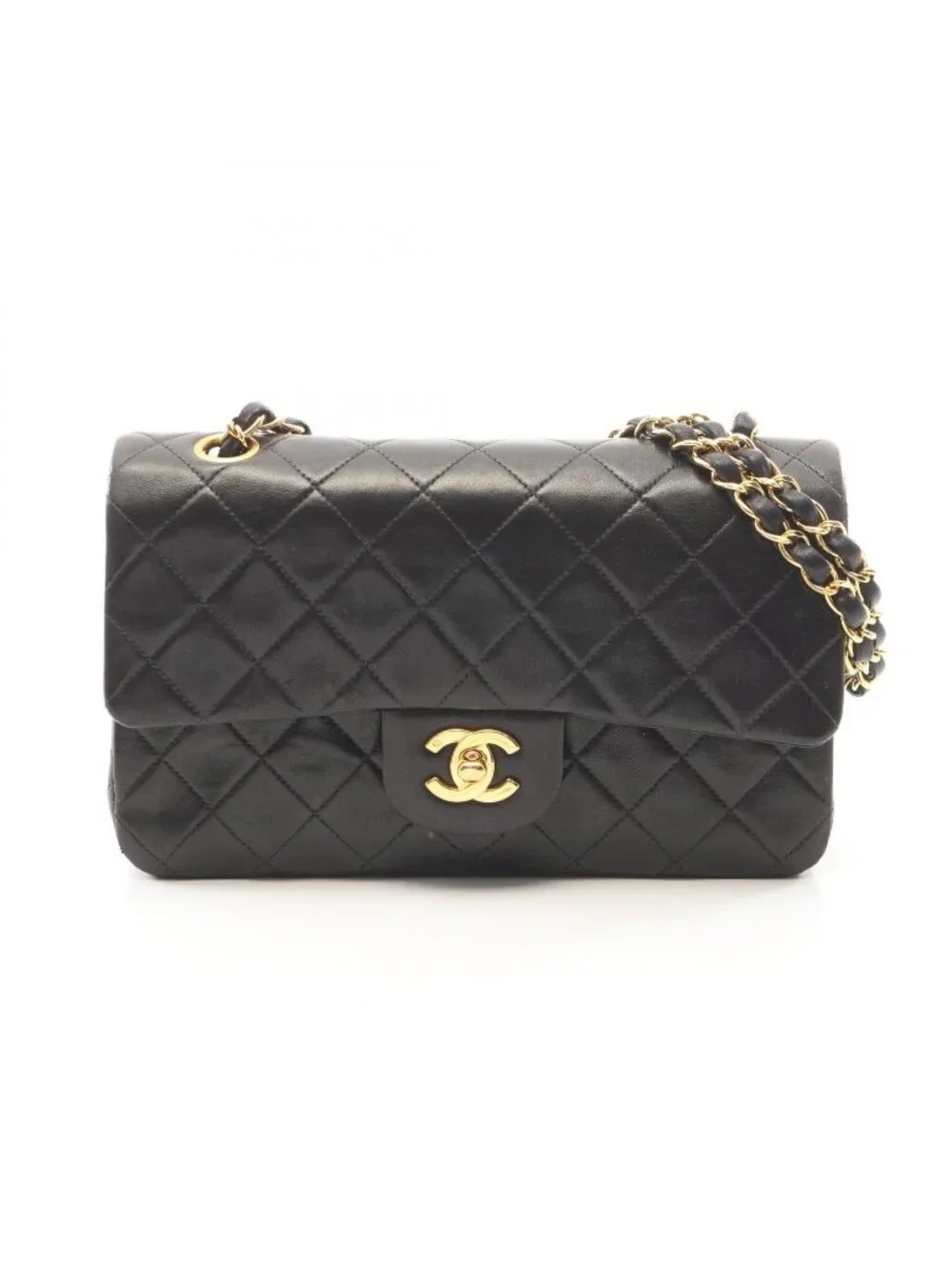 Chanel Shoulder Bag Quilted Double Flap Black Lambskin Chain
